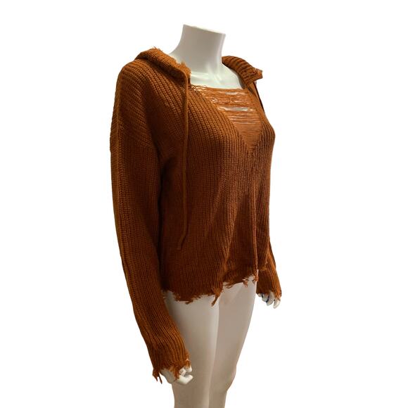 Trendy threads Orange / Mustard frayed hooded Knit sweater NWT - Picture 3 of 6